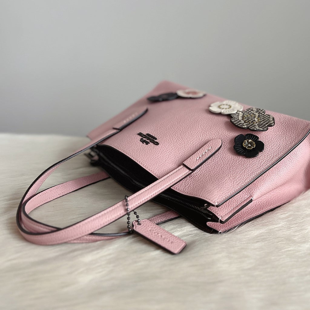 Coach Pink Leather Floral Detail Triple Compartment 2 Way Shoulder Bag Like New