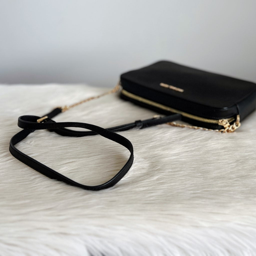 Michael Kors Black Leather Front Logo Chained Detail Crossbody Shoulder Bag Excellent