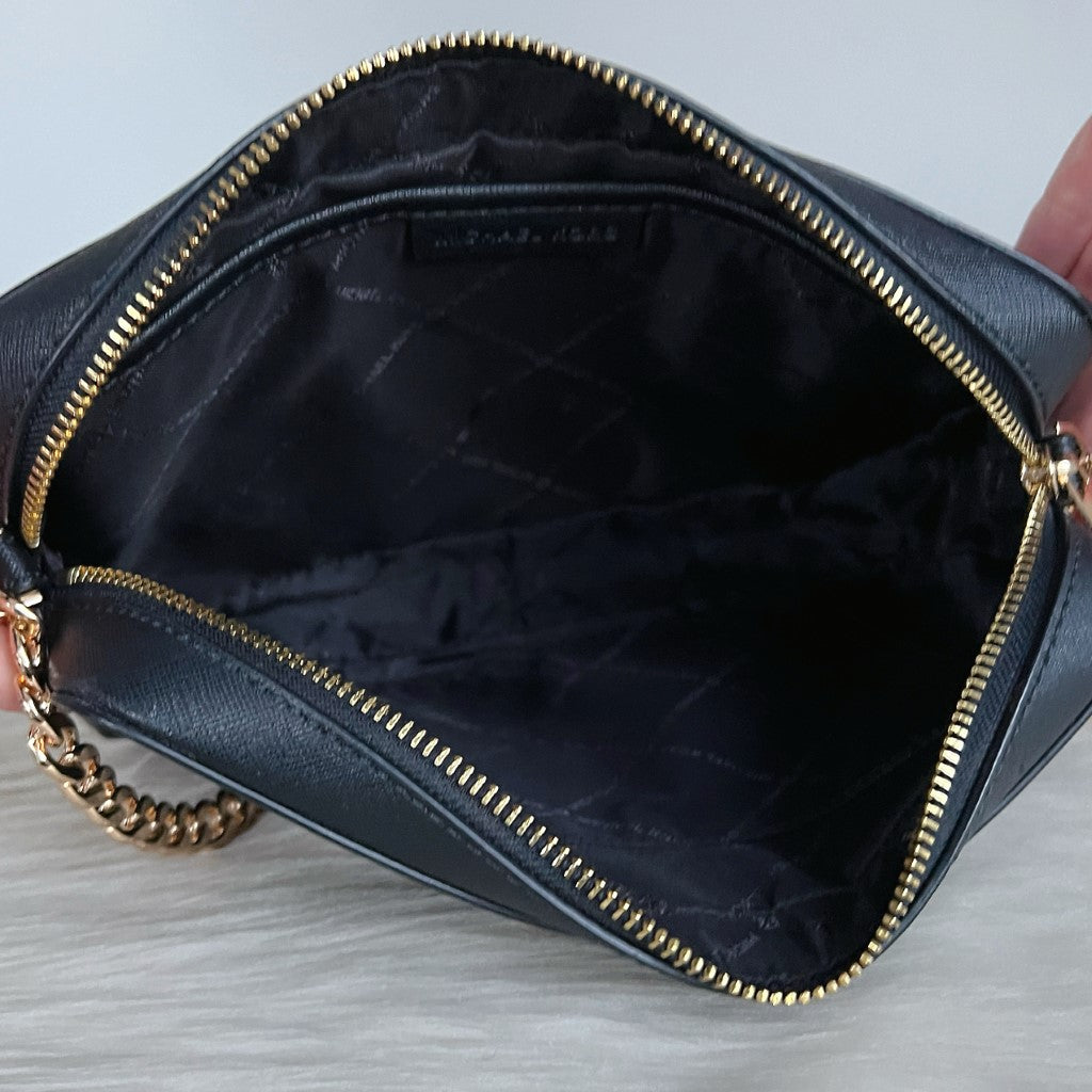 Michael Kors Black Leather Front Logo Chained Detail Crossbody Shoulder Bag Excellent