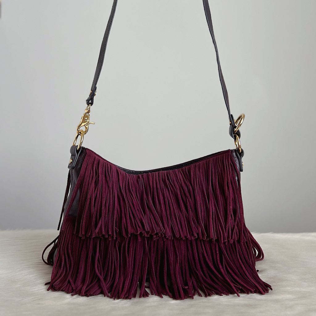 Tory Burch Plum Leather Suede Fringe Detail Shoulder Bag Excellent