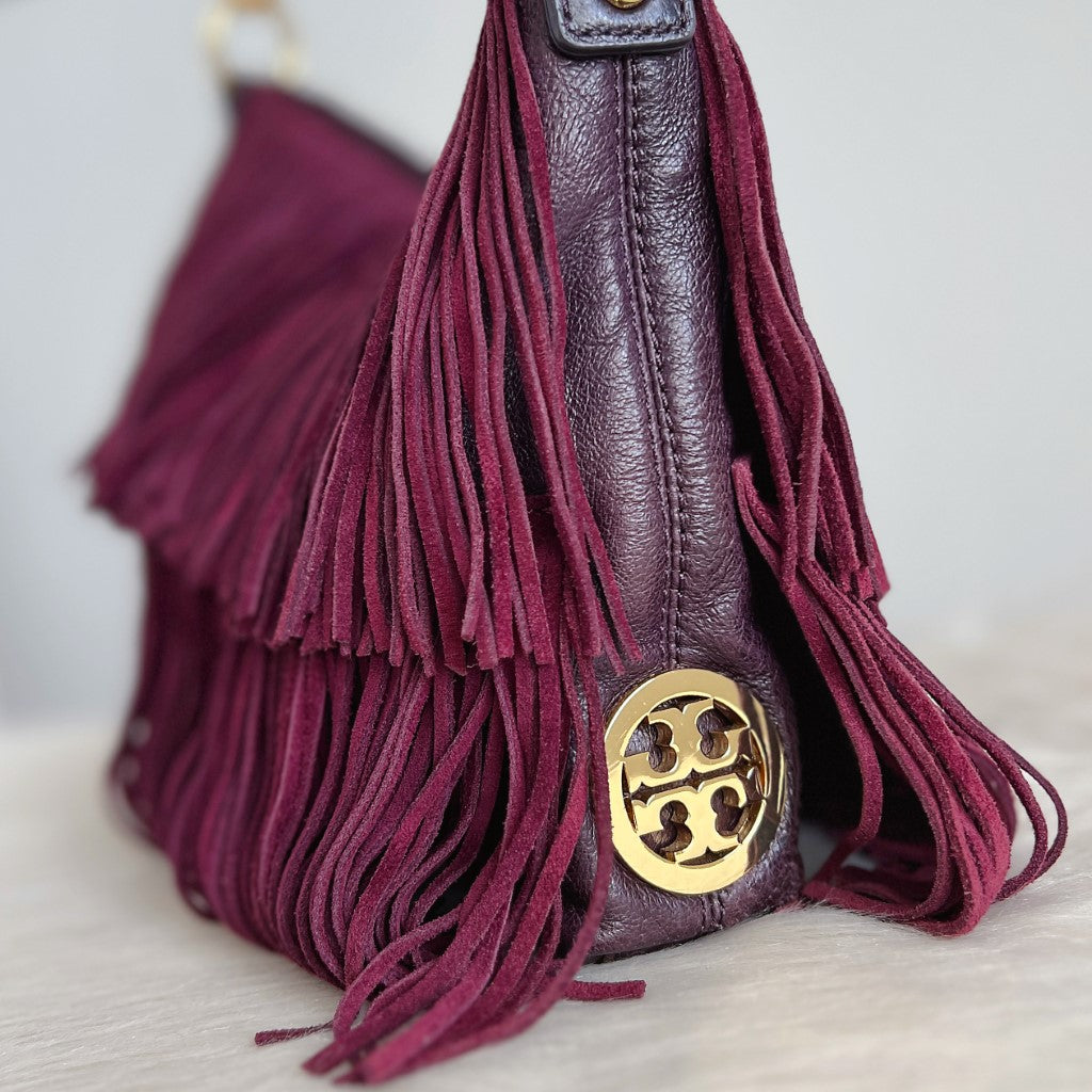 Tory Burch Plum Leather Suede Fringe Detail Shoulder Bag Excellent