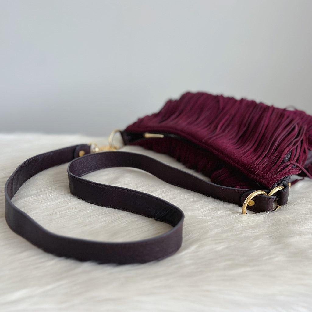 Tory Burch Plum Leather Suede Fringe Detail Shoulder Bag Excellent