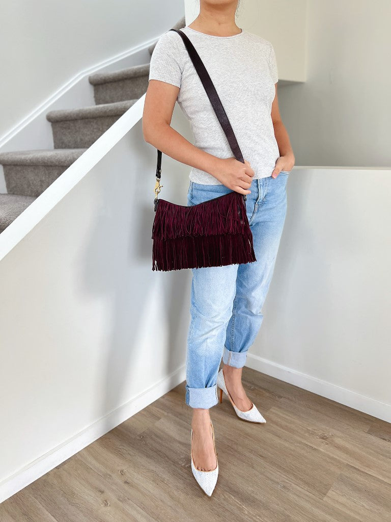 Tory Burch Plum Leather Suede Fringe Detail Shoulder Bag Excellent