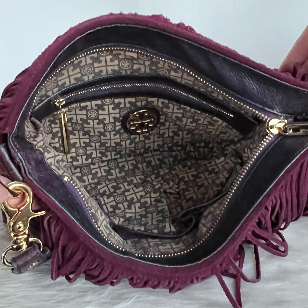Tory Burch Plum Leather Suede Fringe Detail Shoulder Bag Excellent