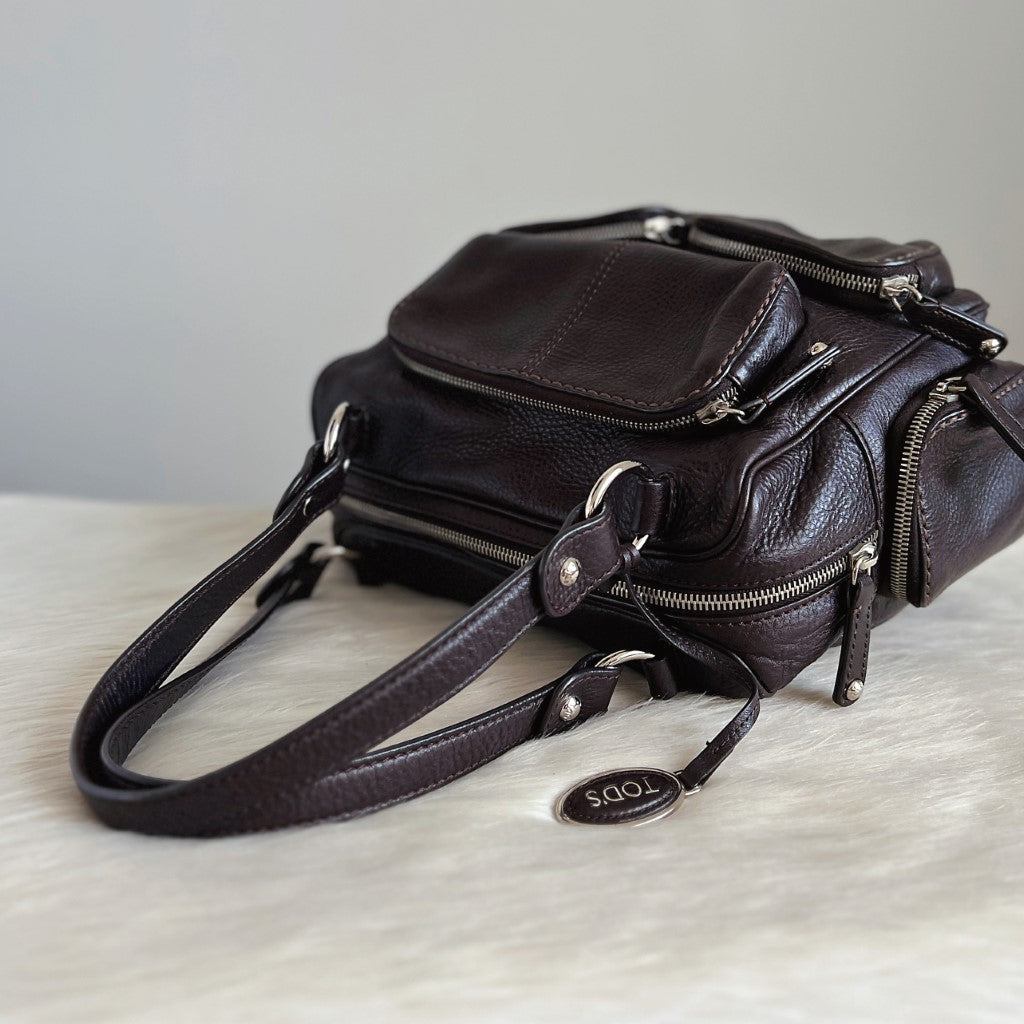 Tod's Dark Chocolate Leather Multi-Pocket Shoulder Bag Excellent