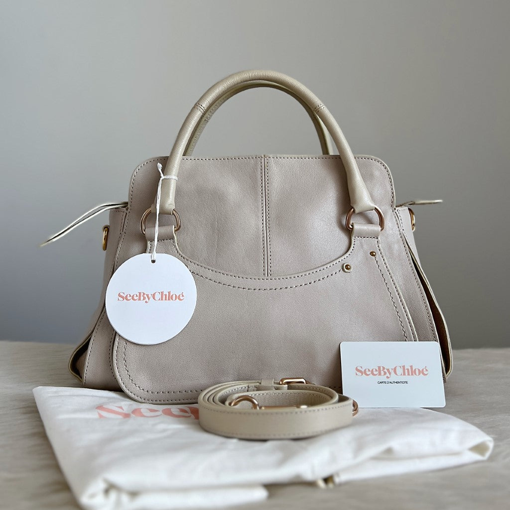 See by Chloe Light Grey Leather Ring Detail Zip Charm 2 Way Shoulder Bag New with Tags