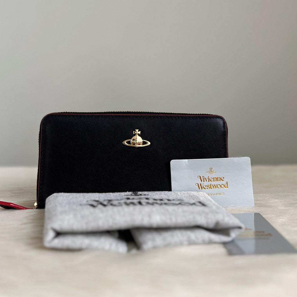 Vivienne Westwood Black Leather Zipped Compartment Long Wallet New