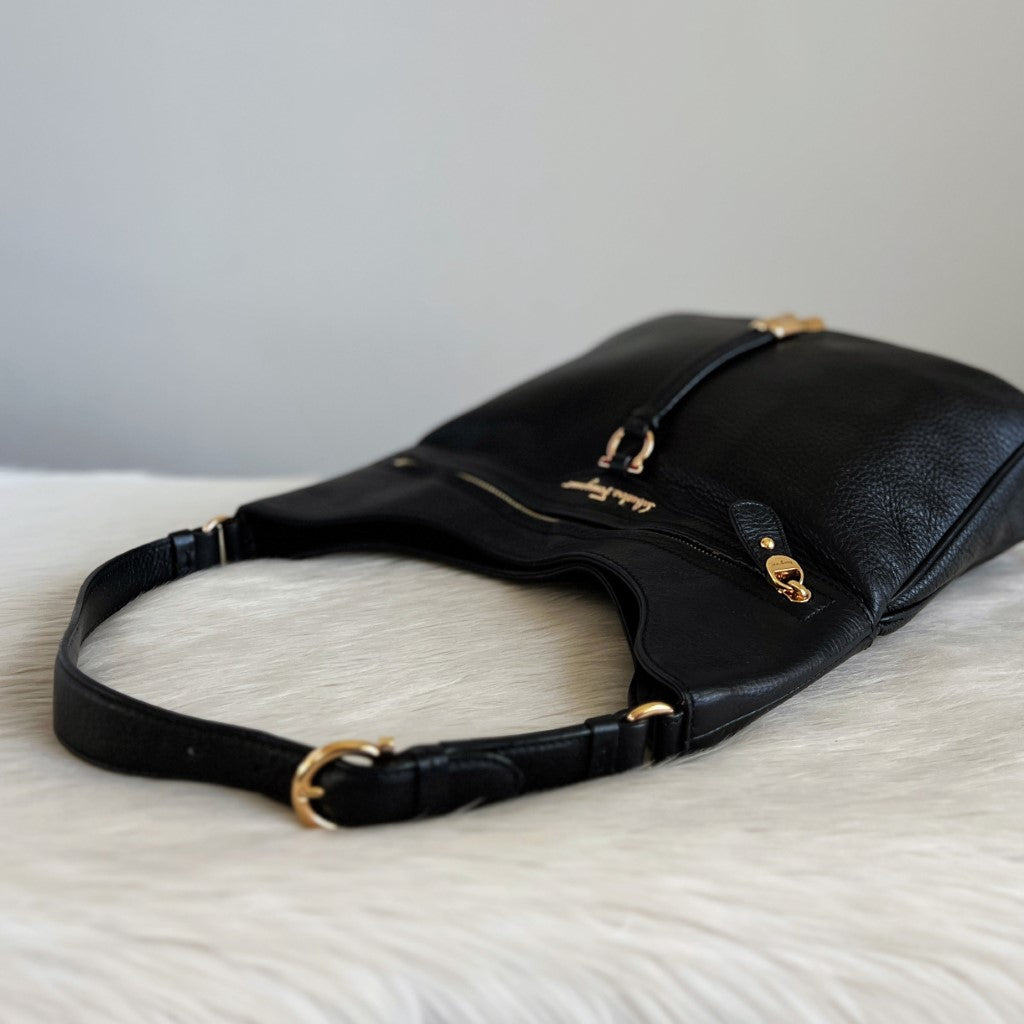 Salvatore Ferragamo Black Leather Front Detail Slouchy Shoulder Bag Excellent