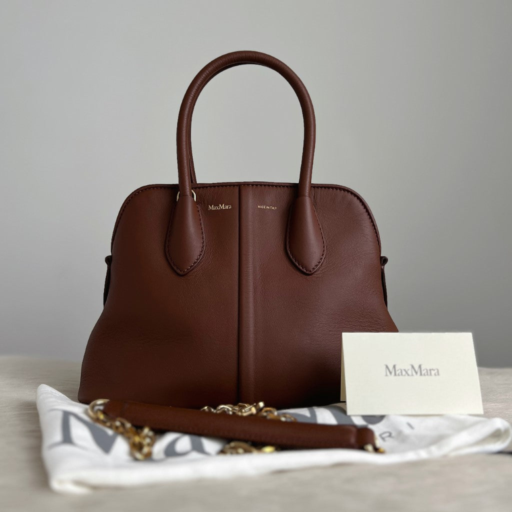 Max Mara Chestnut Leather Gold Chain 2 Way Shoulder Bag Like New