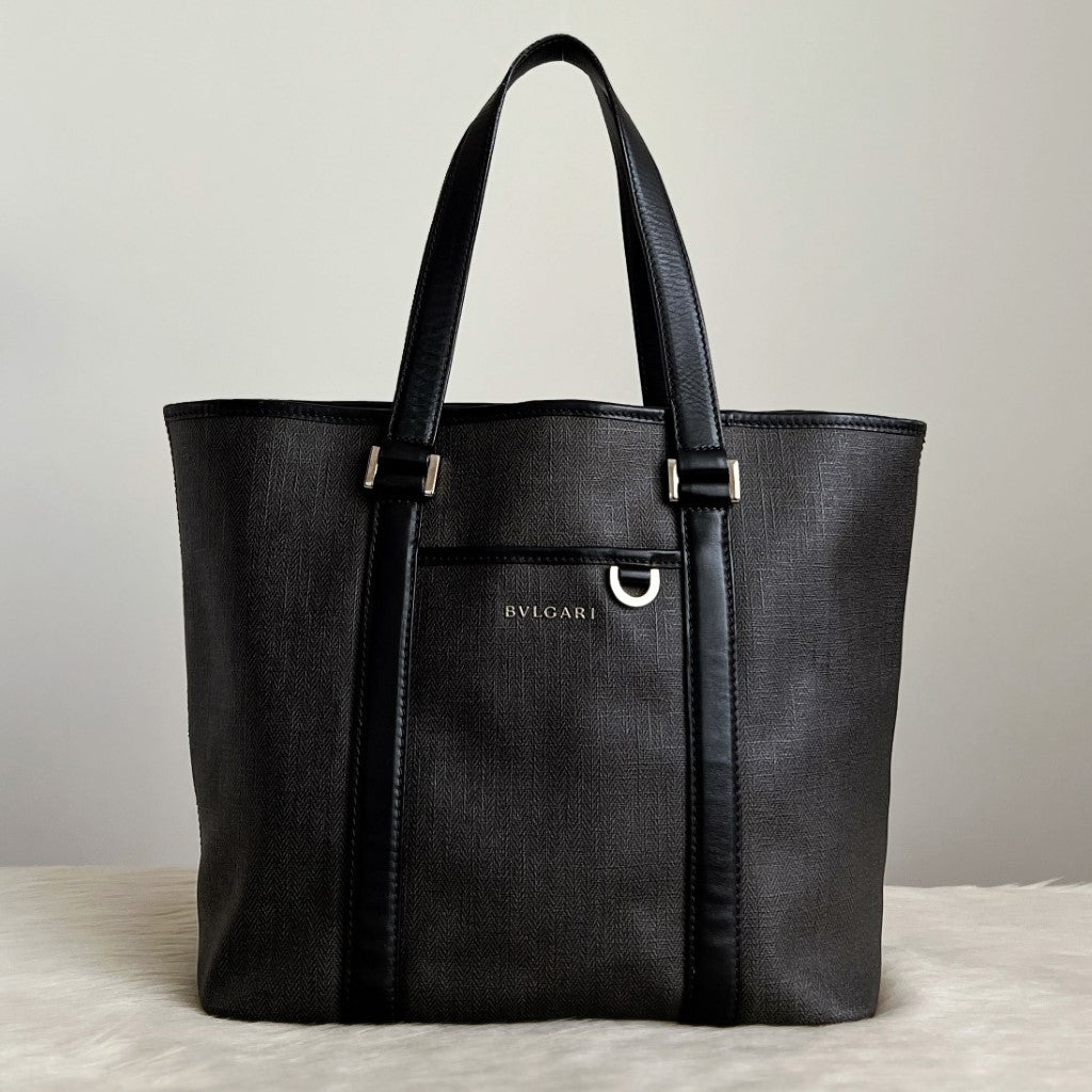 Bvlgari Black Leather Stripe Detail Front Logo Carryall Large Shoulder Bag