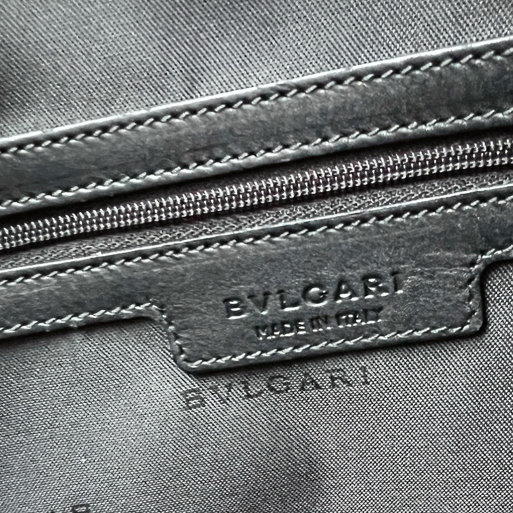 Bvlgari Black Leather Stripe Detail Front Logo Carryall Large Shoulder Bag