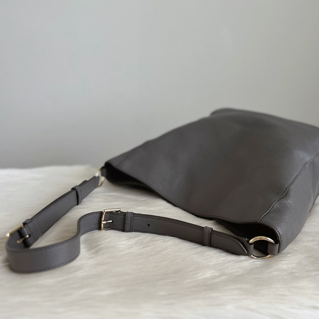 Bally Grey Leather Slouchy Bucket Shoulder Bag Like New