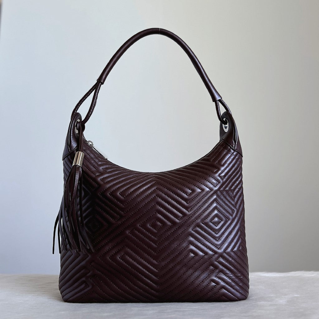 Bally Metallic Brown Leather Quilted Slouchy Shoulder Bag Excellent