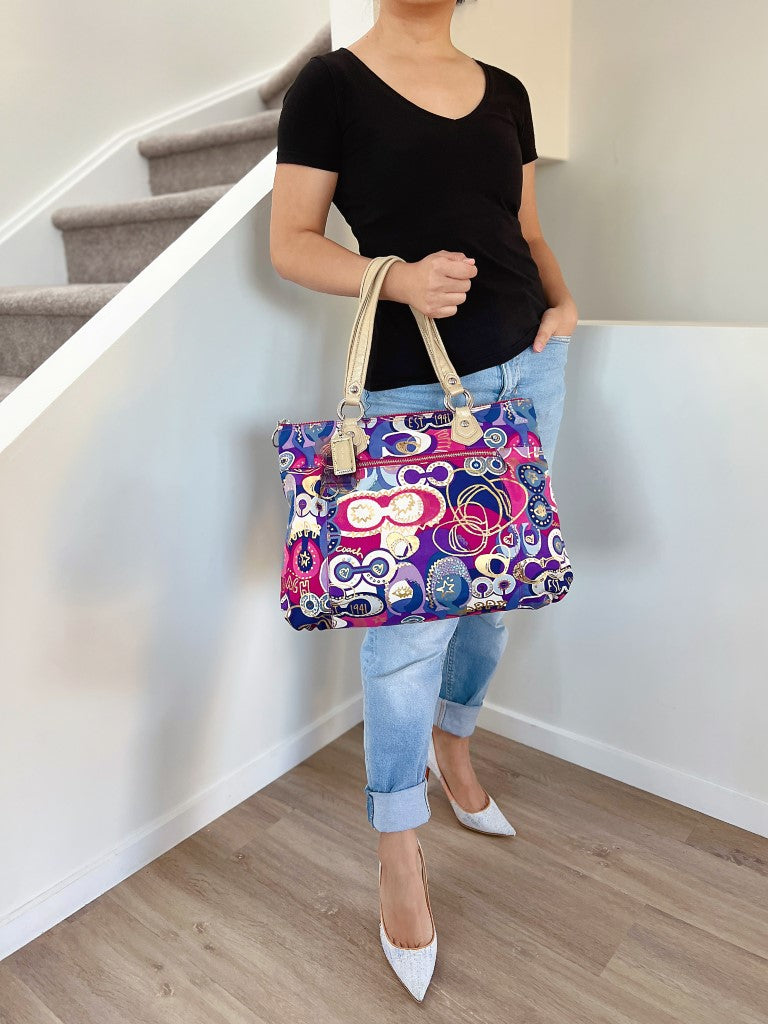 Coach Signature C Colourful Pattern Carryall Shoulder Bag Excellent