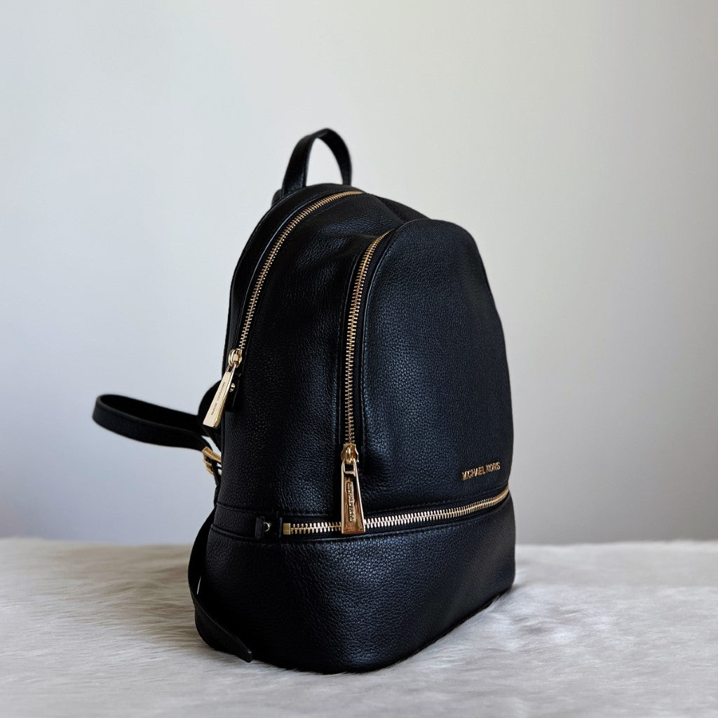 Michael Kors Black Leather Front Logo Double Compartment Backpack