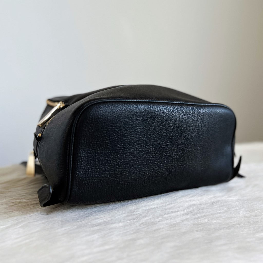 Michael Kors Black Leather Front Logo Double Compartment Backpack