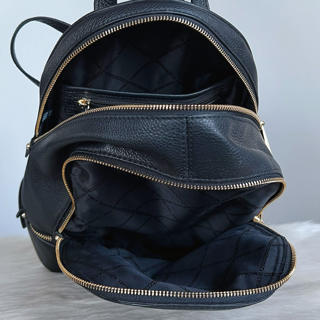 Michael Kors Black Leather Front Logo Double Compartment Backpack
