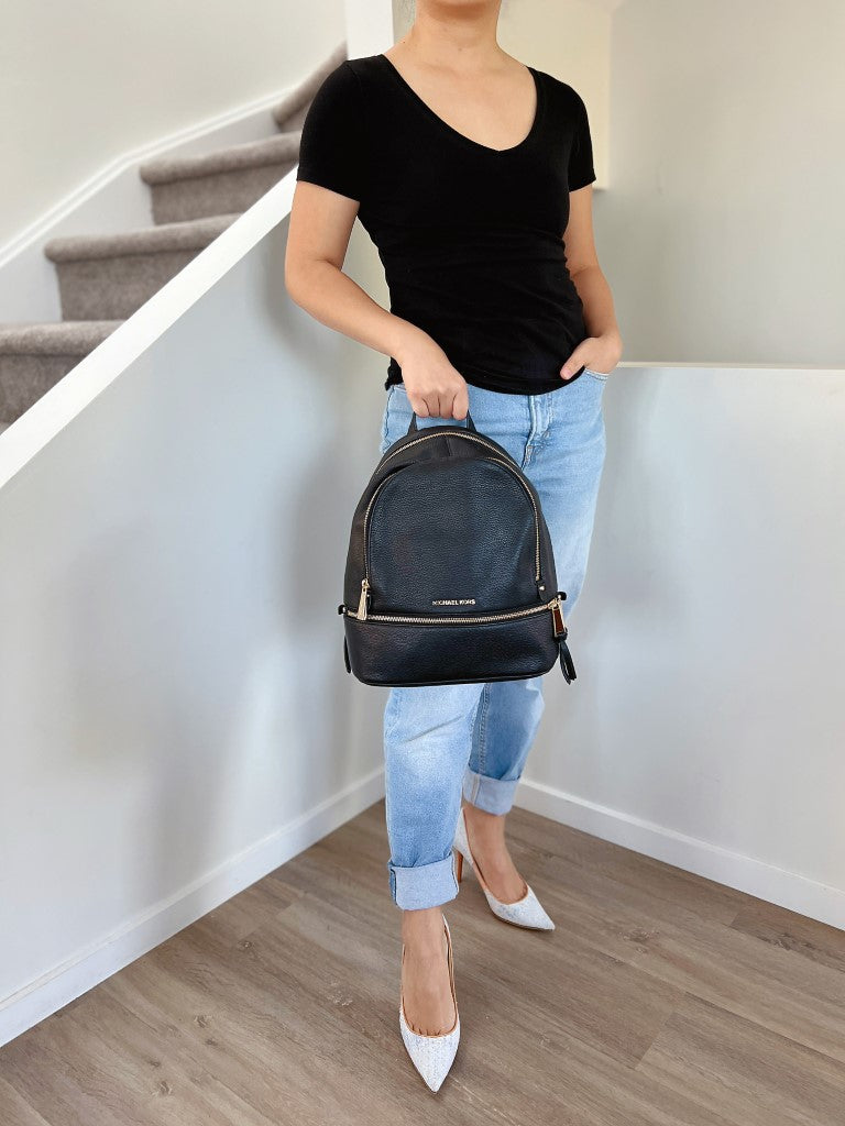 Michael Kors Black Leather Front Logo Double Compartment Backpack