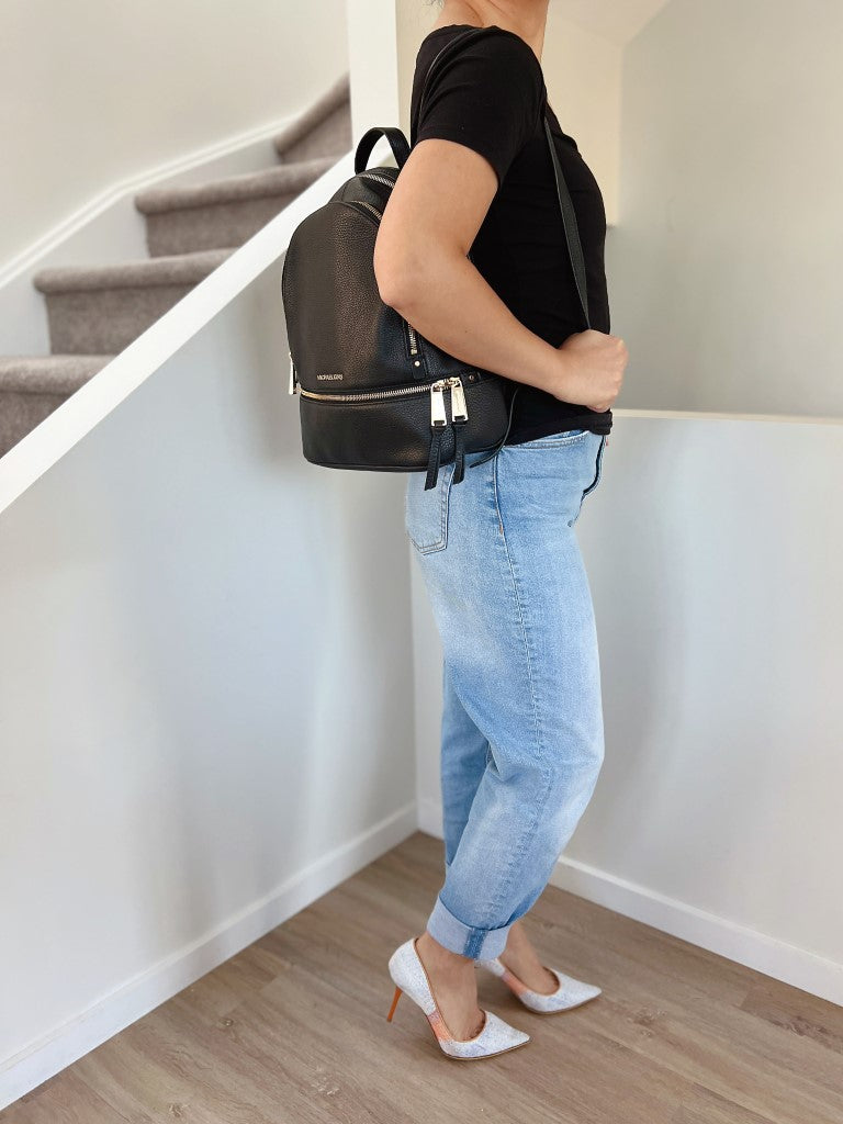 Michael Kors Black Leather Front Logo Double Compartment Backpack