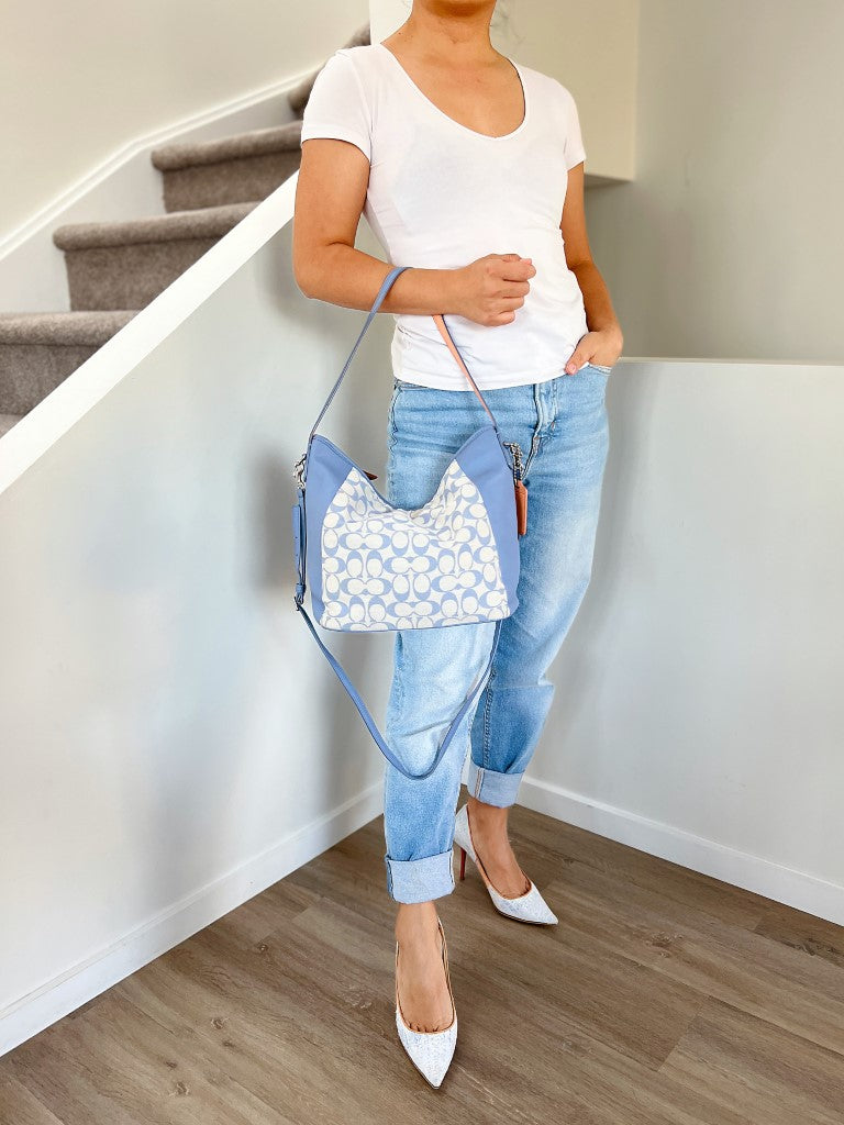 Coach Blue Leather Monogram Patchwork 2 Way Shoulder Bag