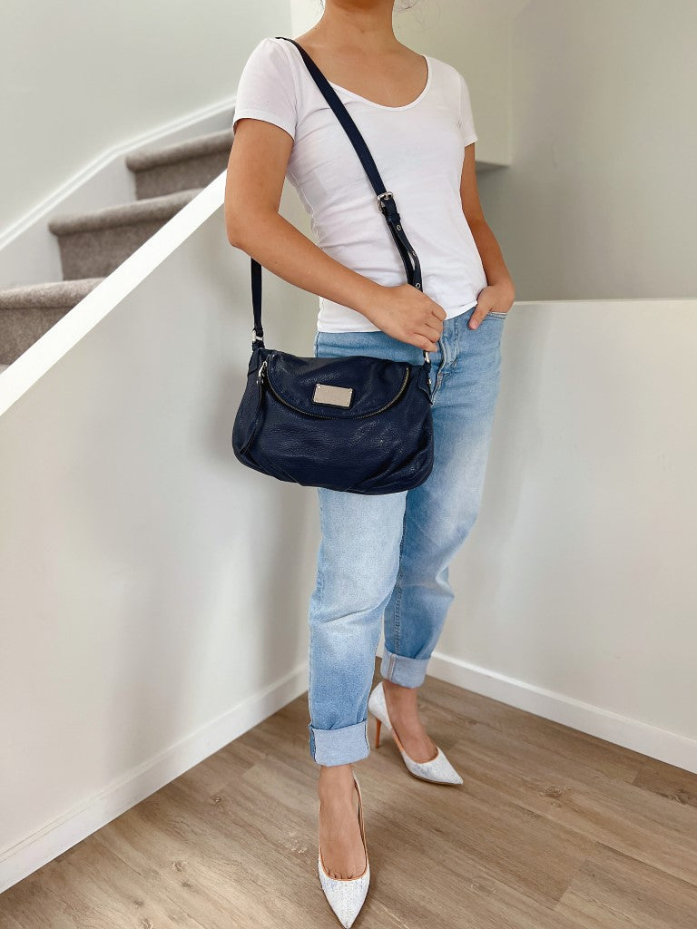 Marc Jacobs Navy Leather Front Logo Zip Flap Crossbody Shoulder Bag