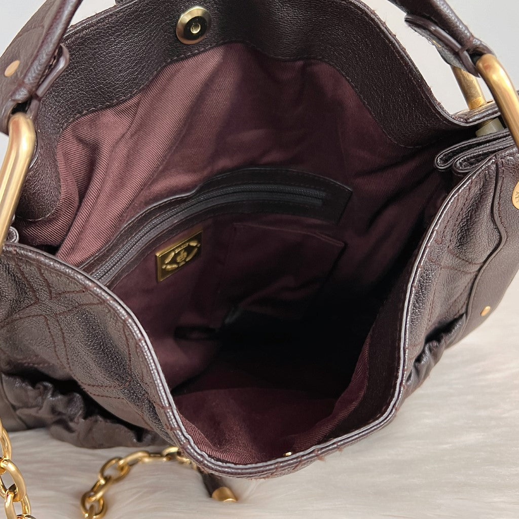 Bally Dark Chocolate Leather Chain Detail Shoulder Bag Excellent