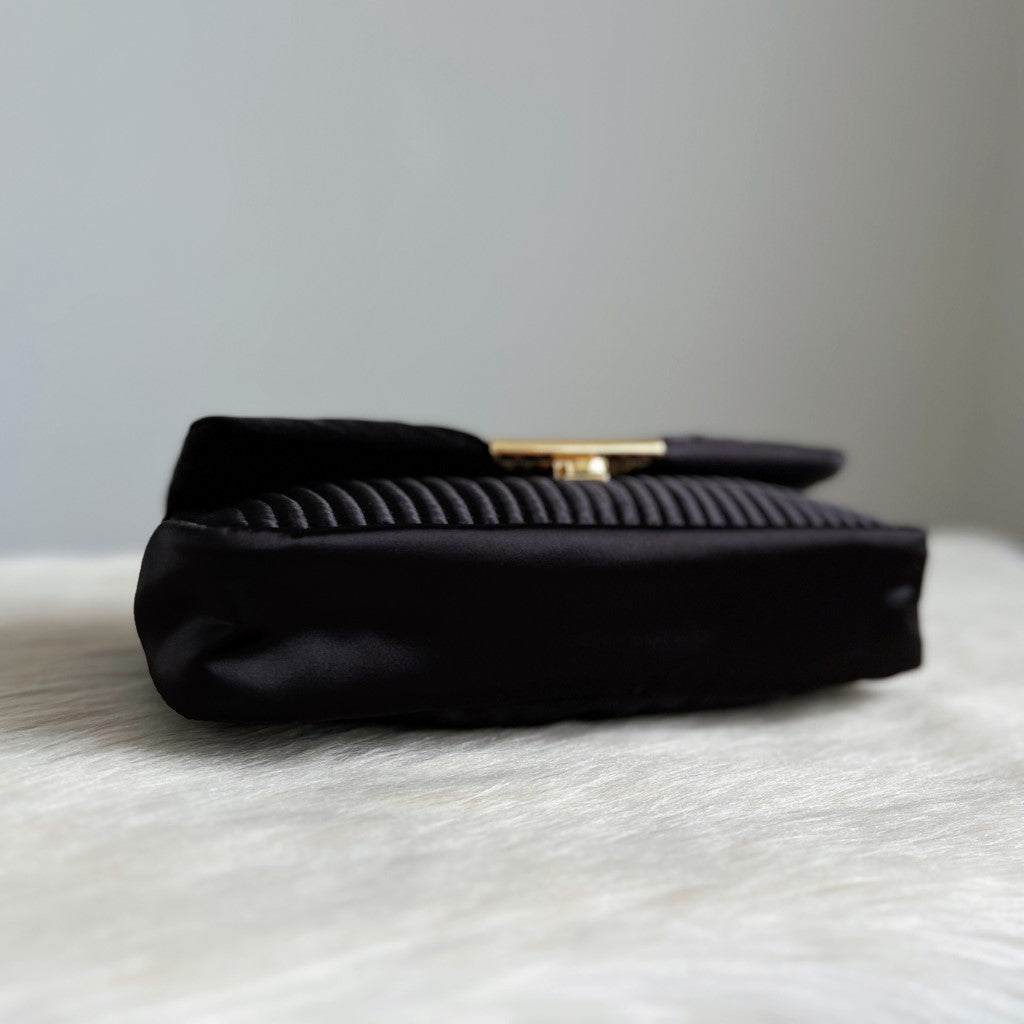 Emporio Armani Black Satin Front Detail Chain Crossbody Shoulder Bag Like New