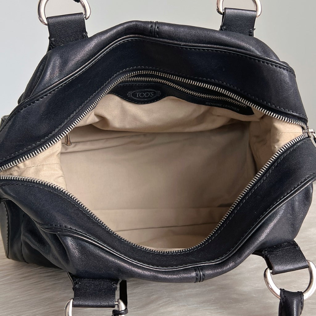 Tod's Black Leather Boston Tote Bag Excellent