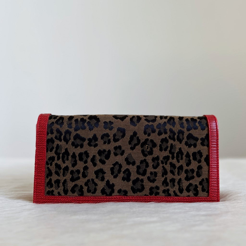 Fendi Red Leather Leopard Patchwork Bi-fold Long Wallet Excellent