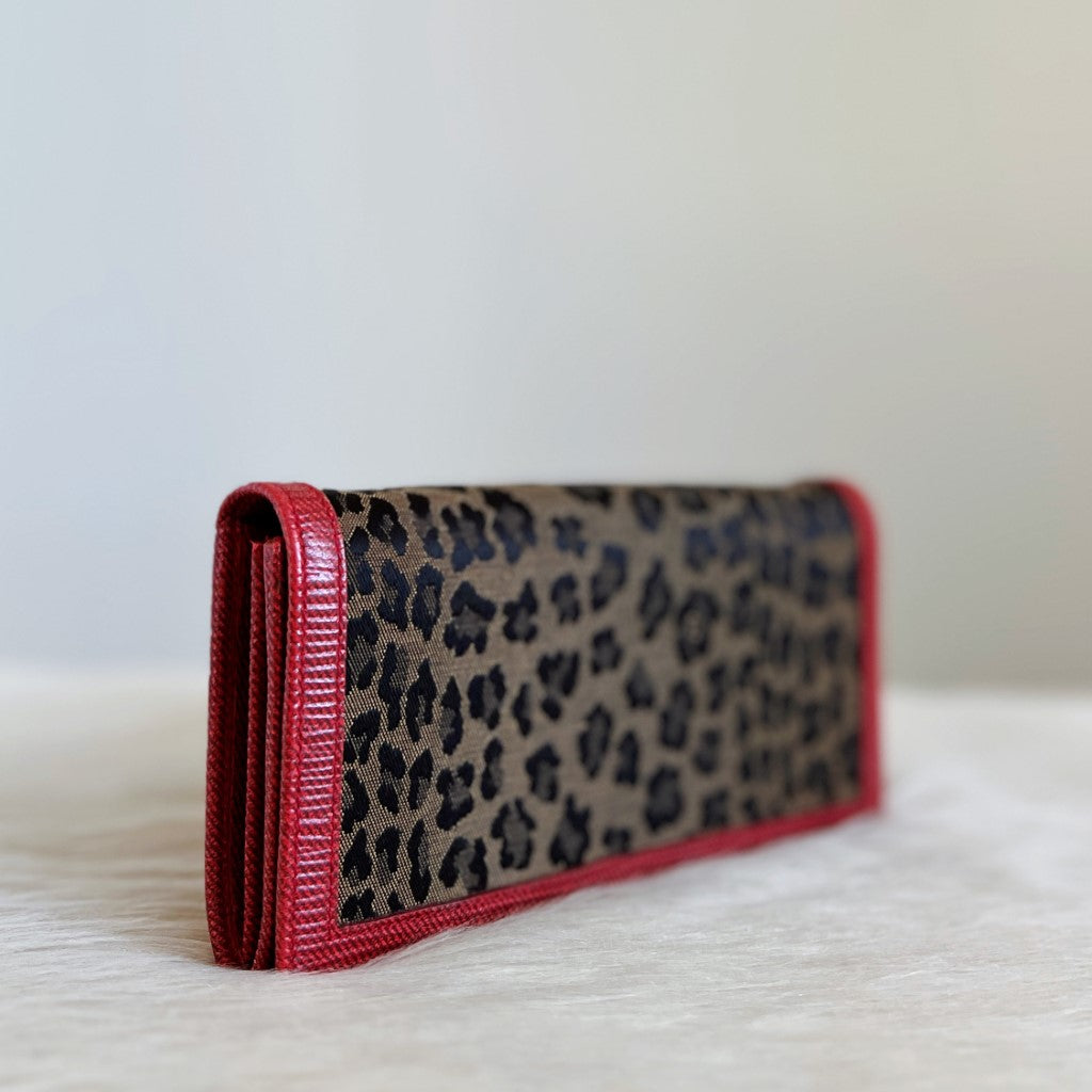 Fendi Red Leather Leopard Patchwork Bi-fold Long Wallet Excellent