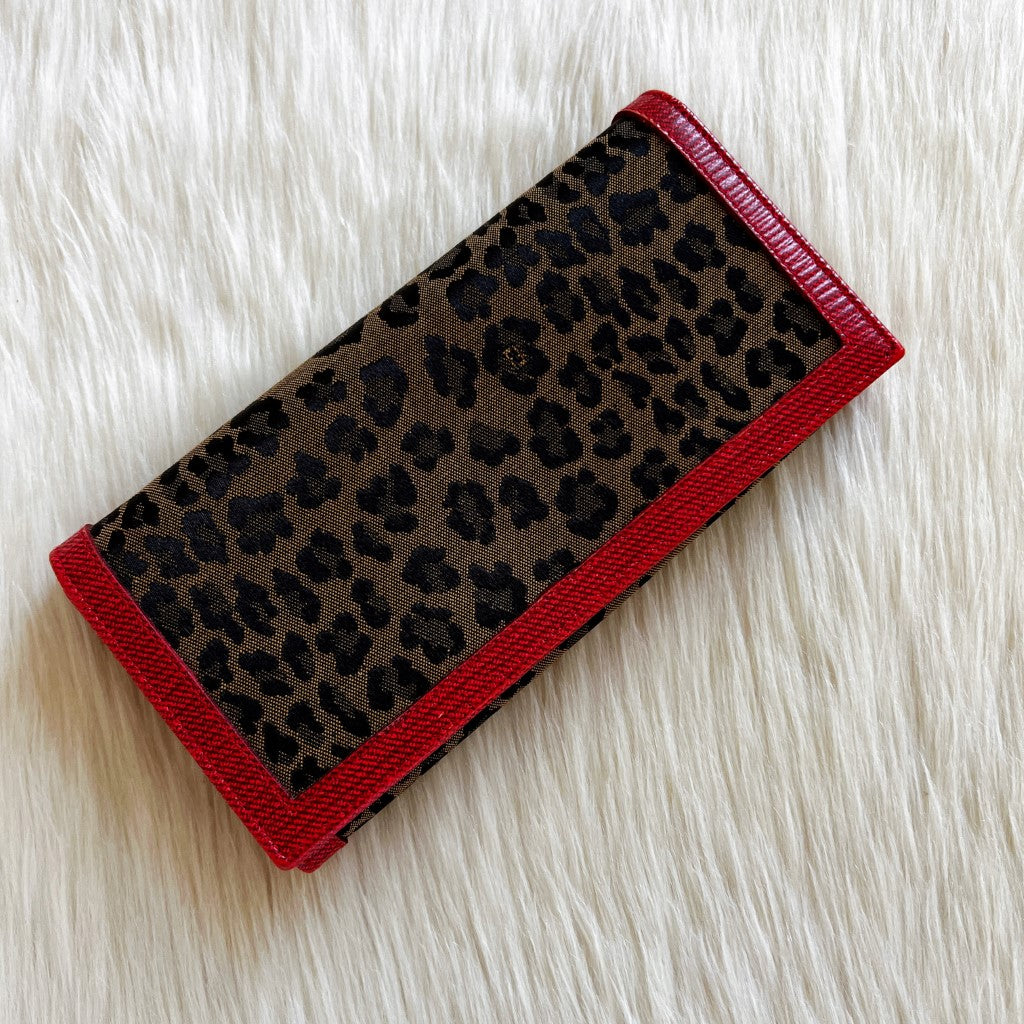Fendi Red Leather Leopard Patchwork Bi-fold Long Wallet Excellent