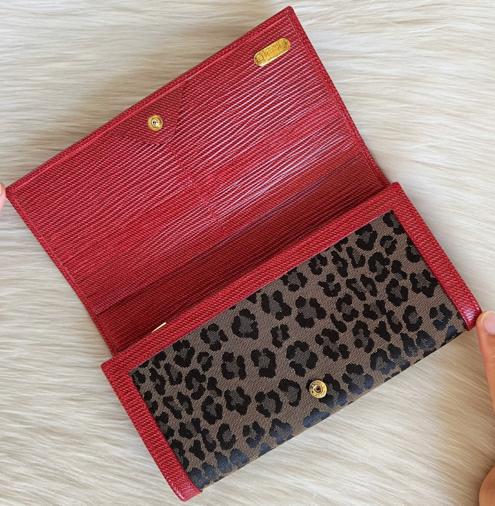 Fendi Red Leather Leopard Patchwork Bi-fold Long Wallet Excellent
