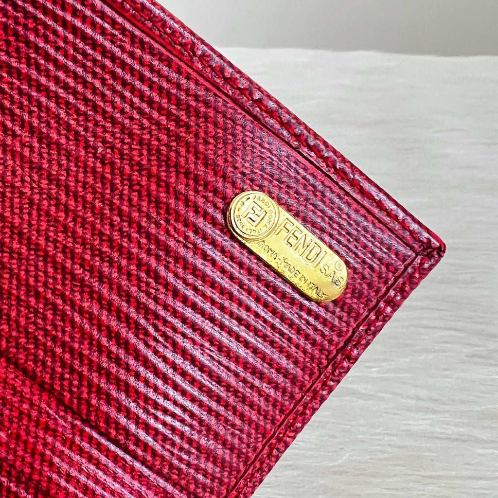 Fendi Red Leather Leopard Patchwork Bi-fold Long Wallet Excellent