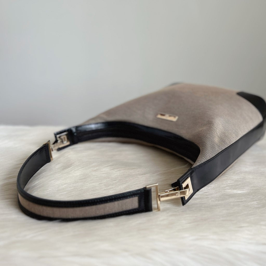 Gucci Black Leather Canvas Patchwork Front Logo Slouchy Shoulder Bag Excellent
