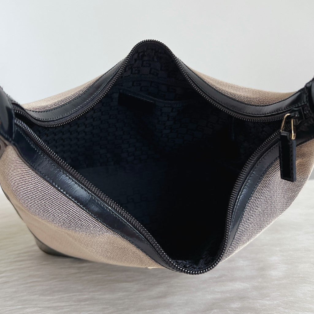Gucci Black Leather Canvas Patchwork Front Logo Slouchy Shoulder Bag Excellent