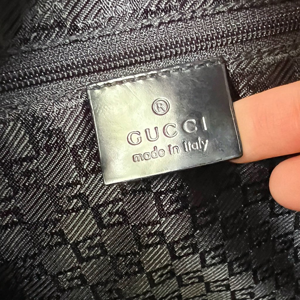 Gucci Black Leather Canvas Patchwork Front Logo Slouchy Shoulder Bag Excellent