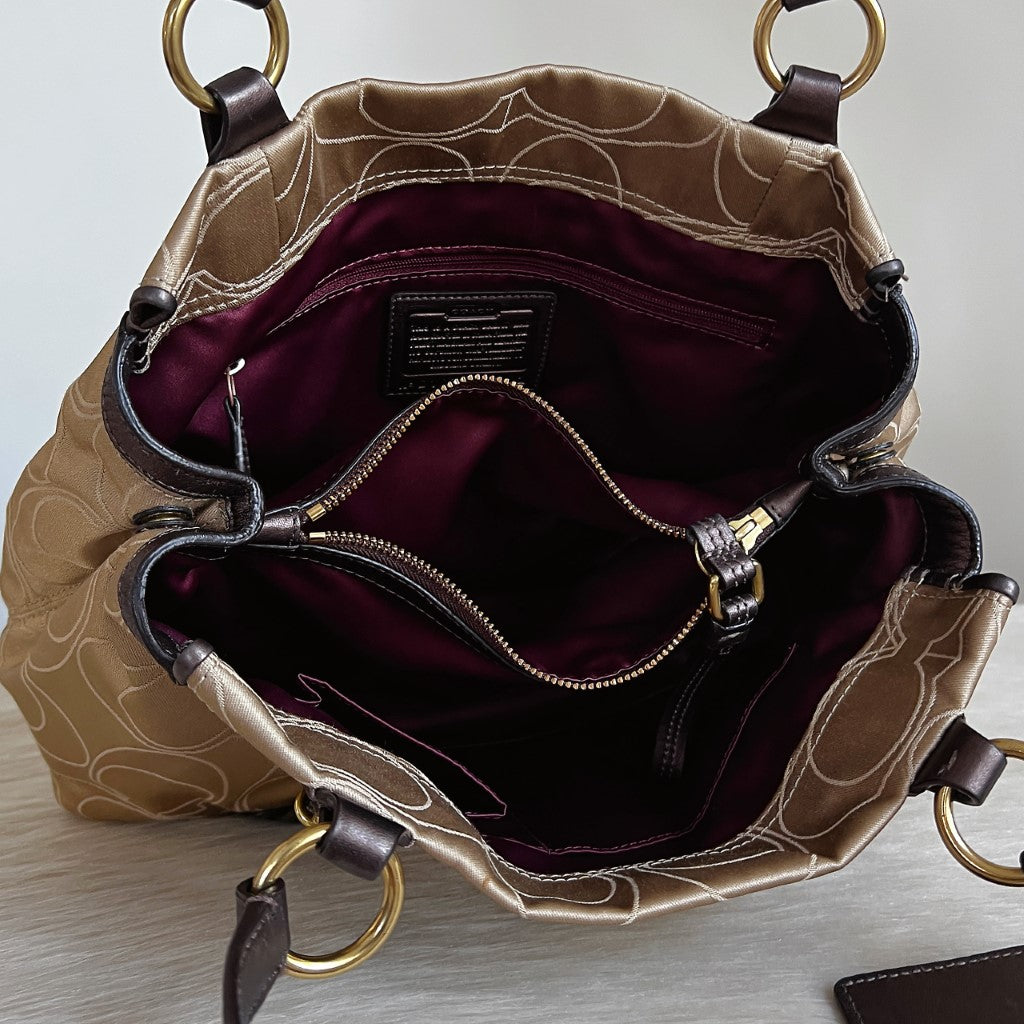 Coach Chocolate Leather Monogram Triple Compartment Shoulder Bag