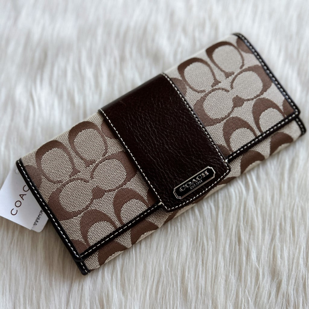 Coach Chocolate Leather Monogram Fold Long Wallet New with Tags