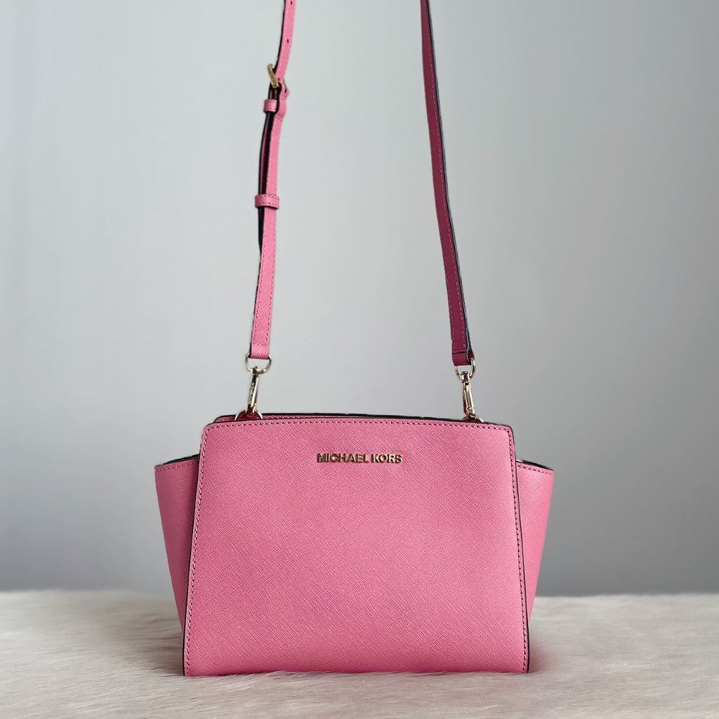 Michael Kors Pink Saffiano Leather Front Logo Crossbody Shoulder Bag Like New