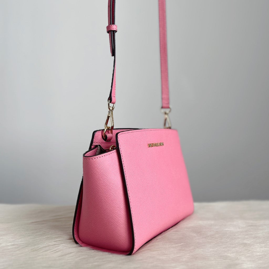 Michael Kors Pink Saffiano Leather Front Logo Crossbody Shoulder Bag Like New