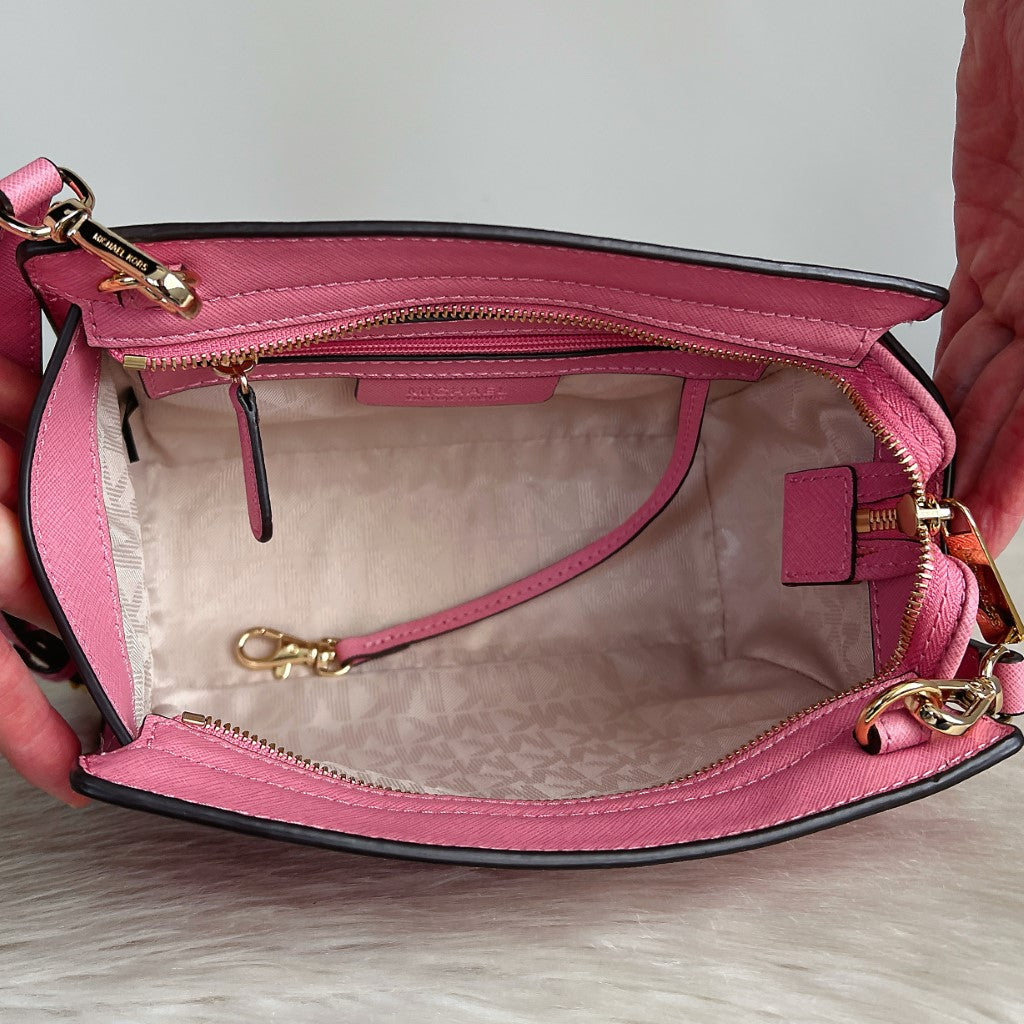 Michael Kors Pink Saffiano Leather Front Logo Crossbody Shoulder Bag Like New