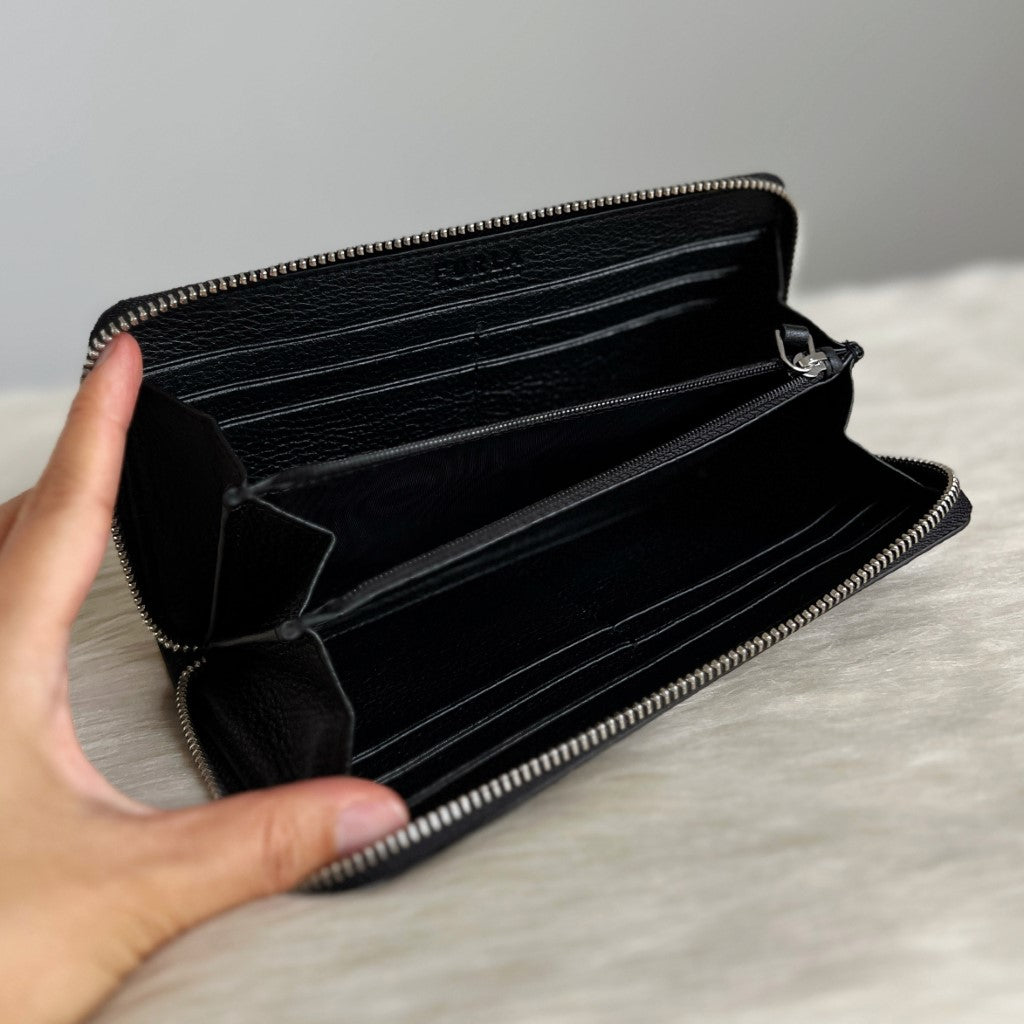 Furla Black Leather Zip Compartment Long Wallet Like New