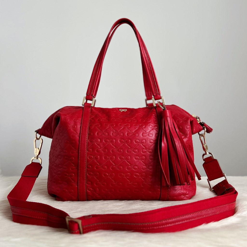Anya Hindmarch Red Leather Embossed Boston 2 Way Shoulder Bag Excellent