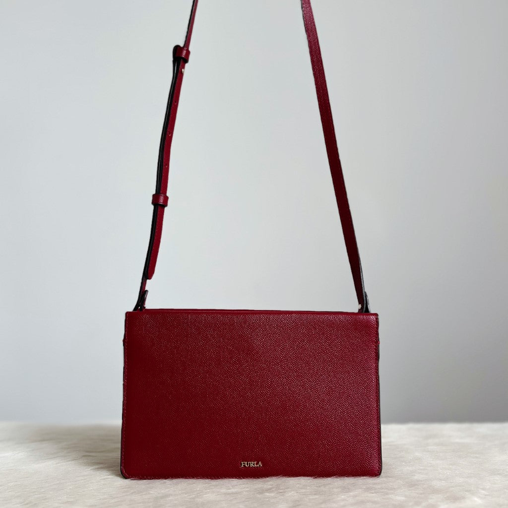 Furla Burgendy Leather Front Logo Crossbody Shoulder Bag Like New