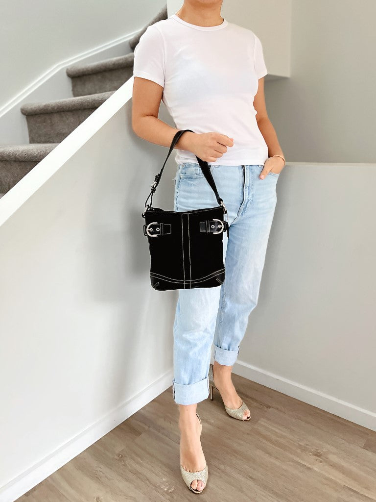 Coach Black Leather Monogram Double Buckle Shoulder Bag Like New