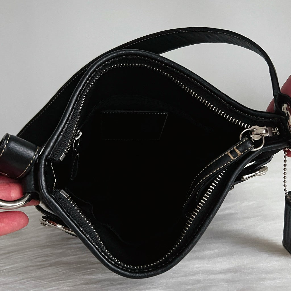 Coach Black Leather Monogram Double Buckle Shoulder Bag Like New