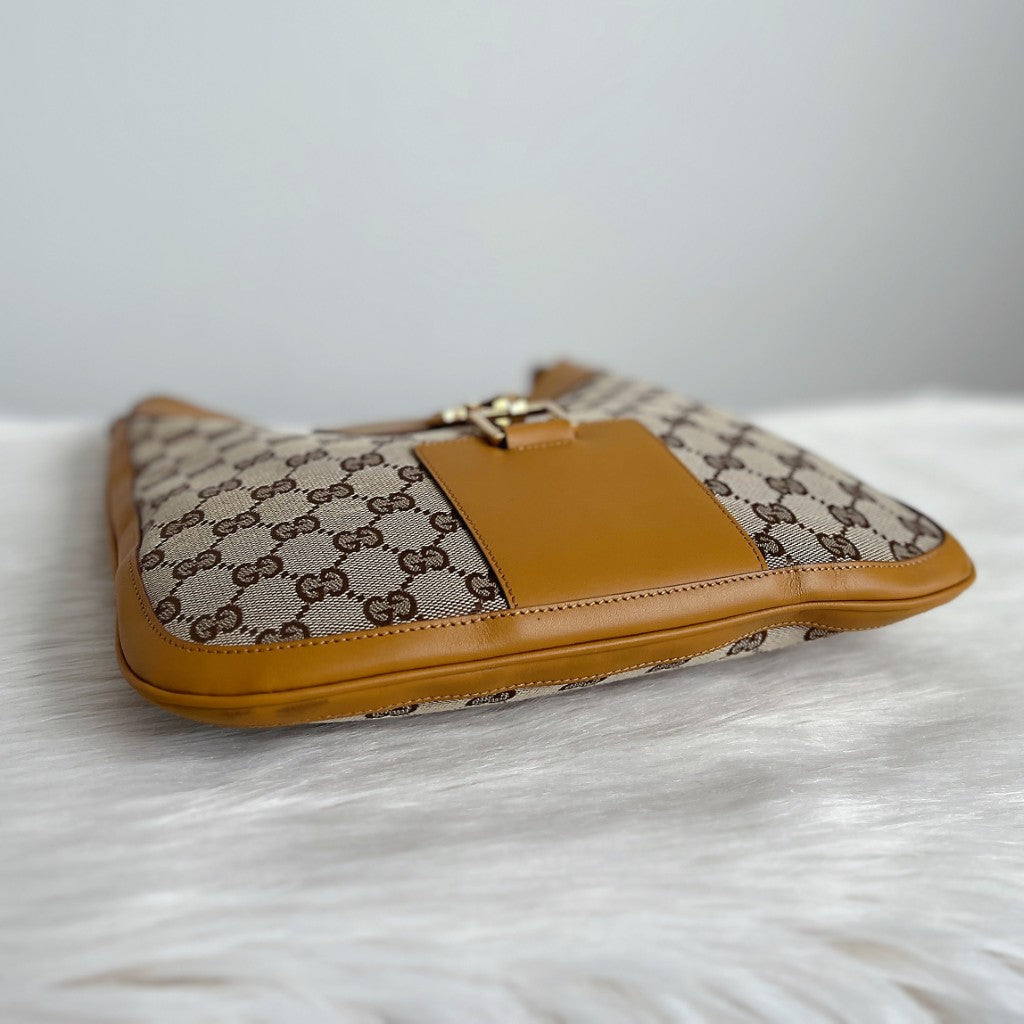Gucci Mustard Leather Double G Monogram Front Buckle Shoulder Bag