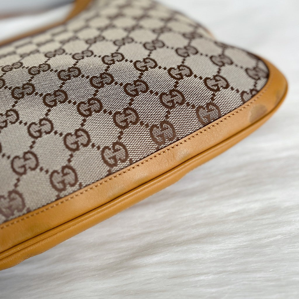 Gucci Mustard Leather Double G Monogram Front Buckle Shoulder Bag