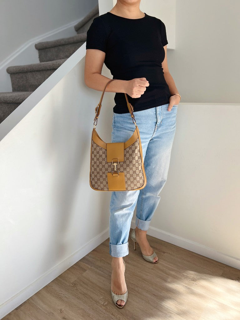 Gucci Mustard Leather Double G Monogram Front Buckle Shoulder Bag
