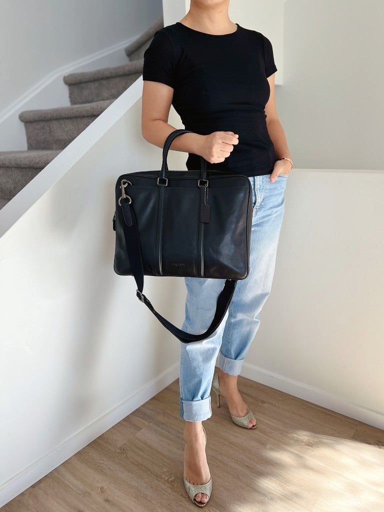 Coach Black Leather Large Business Unisex 2 Way Crossbody Bag